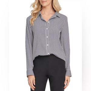 DKNY Black/White Striped Polyester Button Front Blouse Sz: L